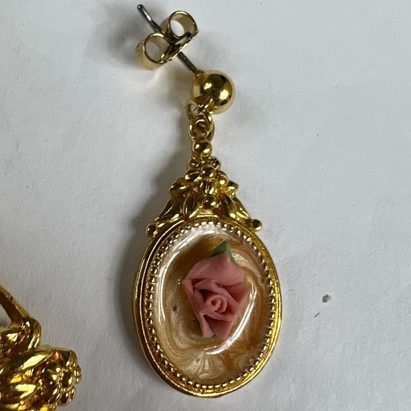 Pendant and earrings set pink rose China on swirl enamel and gold - Picture 7 of 10
